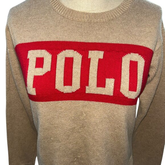 Khaki red POLO intarsia knit cotton crew neck sweater S - Picture 3 of 4